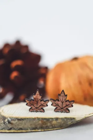 Maple Leaf Wood Stud Earrings
