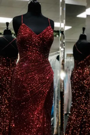 Mermaid Burgundy V Neck Beaded Long Prom Dresses Evening Dresses Formal Dresses OHC504