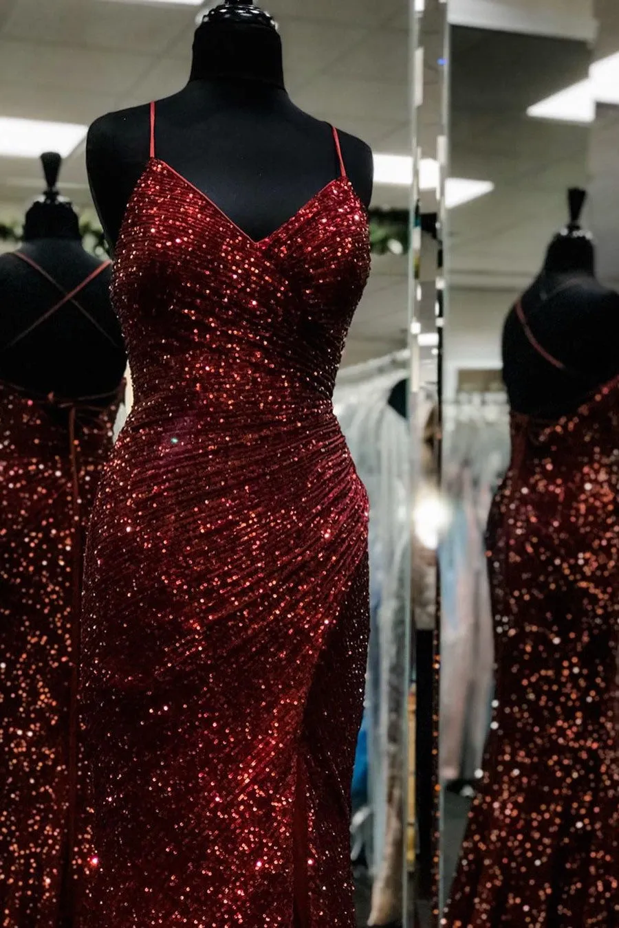 Mermaid Burgundy V Neck Beaded Long Prom Dresses Evening Dresses Formal Dresses OHC504