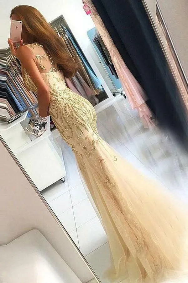 Mermaid Crew Sweep Train Sleeveless Beading Champagne Long Tulle Prom Dress OHC304