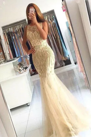 Mermaid Crew Sweep Train Sleeveless Beading Champagne Long Tulle Prom Dress OHC304