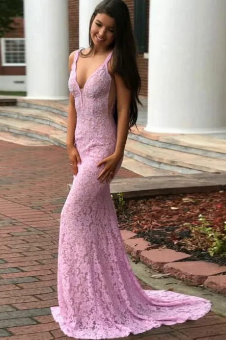 Mermaid Deep V-Neck Backless Lilac Lace Prom Dress with Beading OHC016