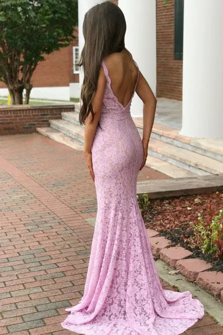 Mermaid Deep V-Neck Backless Lilac Lace Prom Dress with Beading OHC016