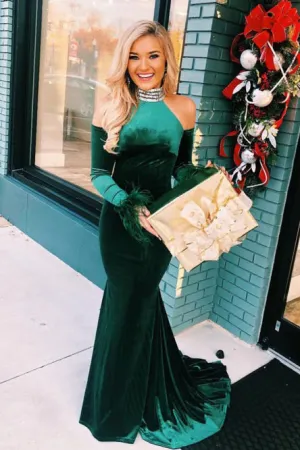 Mermaid High Neck Cold Shoulder Long Dark Green Velvet Prom Dress with Beading Feathers OHC031