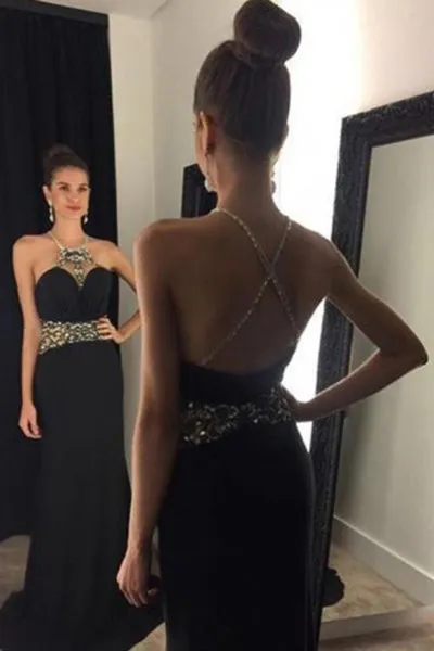 Mermaid Jewel Backless Sweep Train Criss-Cross Straps Black Prom Dress with Beading P83