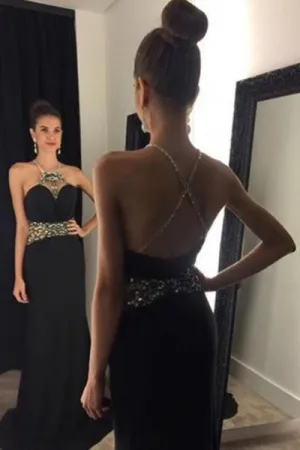 Mermaid Jewel Backless Sweep Train Criss-Cross Straps Black Prom Dress with Beading P83