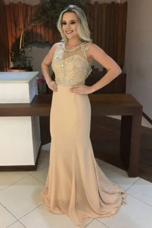 Mermaid Jewel Open Back Sweep Train Champagne Prom Dress with Beading LPD037