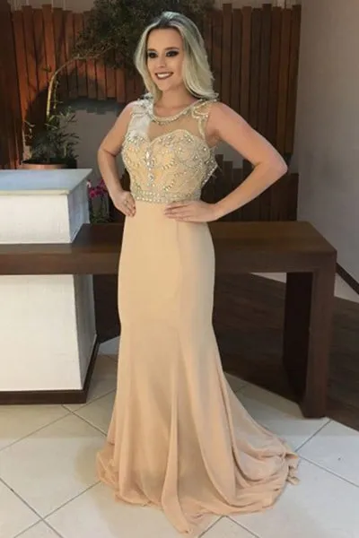 Mermaid Jewel Open Back Sweep Train Champagne Prom Dress with Beading LPD037