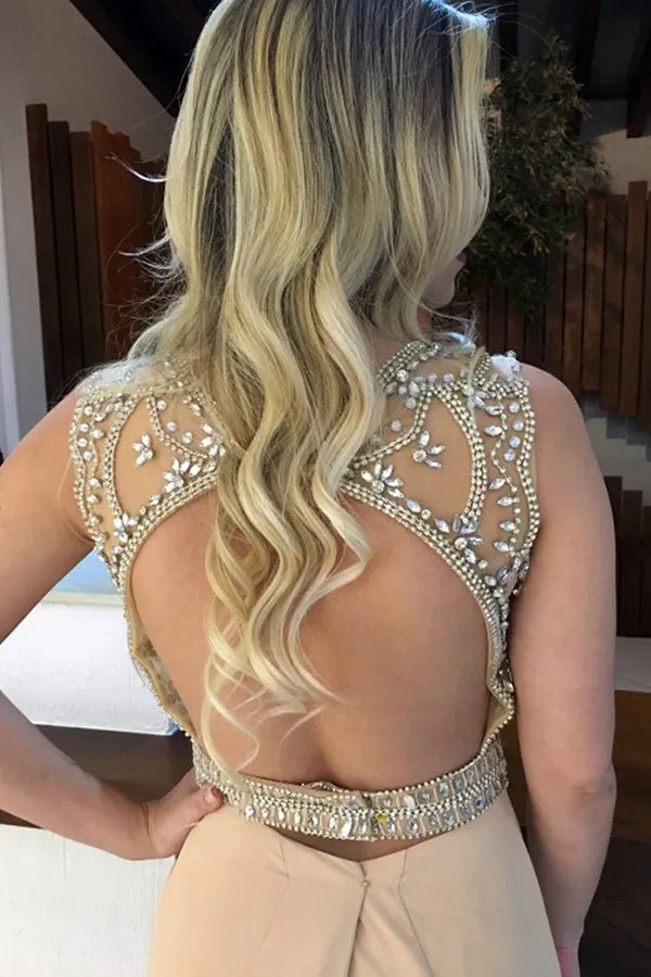 Mermaid Jewel Open Back Sweep Train Champagne Prom Dress with Beading LPD037
