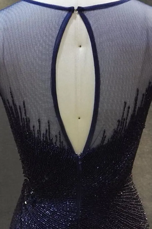 Mermaid Jewel Open Back Sweep Train Navy Blue Prom Dress with Beading P74