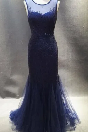 Mermaid Jewel Open Back Sweep Train Navy Blue Prom Dress with Beading P74