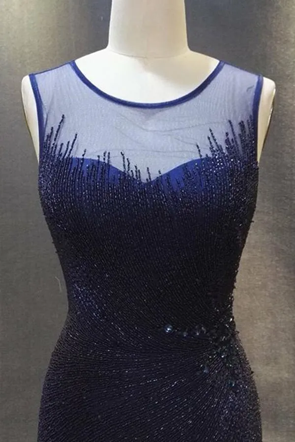 Mermaid Jewel Open Back Sweep Train Navy Blue Prom Dress with Beading P74