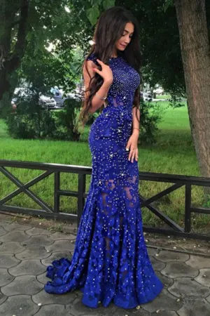 Mermaid Jewel Sweep Train Open Back Royal Blue Lace Prom Dress with Beading P98