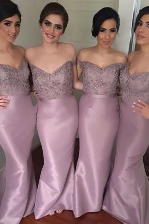 Mermaid Off-the-Shoulder Backless Lilac Bridesmaid Dress with Lace Beading OHS029