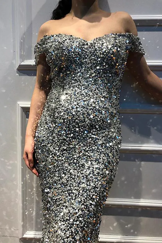 Mermaid Off the Shoulder Beading Long Grey Tulle Lace Prom Dresses Evening Dresses OHC439