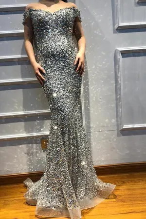 Mermaid Off the Shoulder Beading Long Grey Tulle Lace Prom Dresses Evening Dresses OHC439