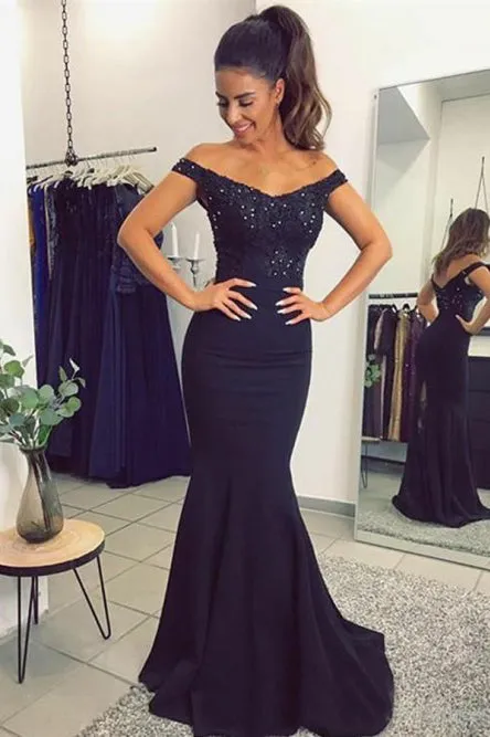 Mermaid Off-the-Shoulder Sweep Train Navy Blue Prom Dress with Beading Appliques L058