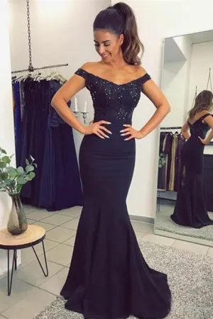 Mermaid Off-the-Shoulder Sweep Train Navy Blue Prom Dress with Beading Appliques L058