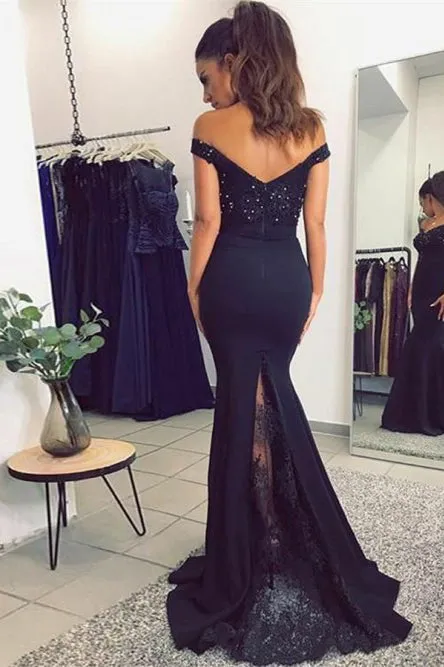 Mermaid Off-the-Shoulder Sweep Train Navy Blue Prom Dress with Beading Appliques L058
