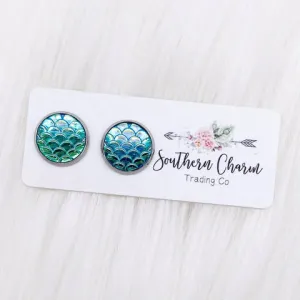 Mermaid Scale Stud Earrings in Aqua
