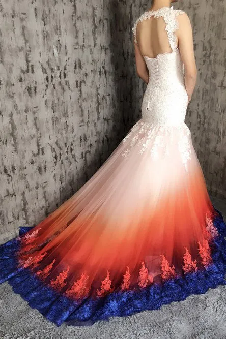 Mermaid Scoop Open Back Sweep Train Ombre Wedding Dress with Appliques Beading OHD025