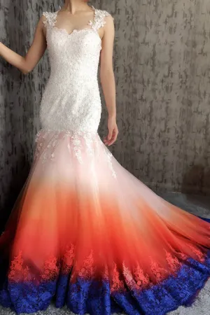 Mermaid Scoop Open Back Sweep Train Ombre Wedding Dress with Appliques Beading OHD025