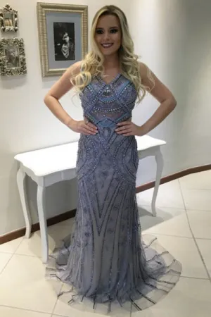 Mermaid V-neck Sleeveless Sweep Train Blue Backless Prom Dress with Beading Appliques LPD035