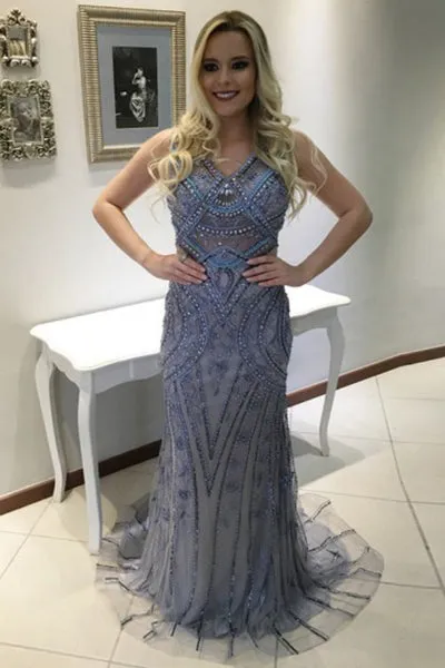 Mermaid V-neck Sleeveless Sweep Train Blue Backless Prom Dress with Beading Appliques LPD035