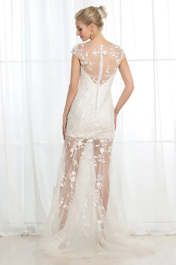 Mermaid Wedding Gown Crew Sweep Train Cap Sleeves Ivory Tulle Beaded Wedding Dress Bridal Gown OHD227