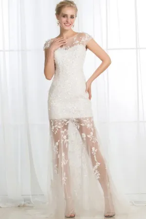 Mermaid Wedding Gown Crew Sweep Train Cap Sleeves Ivory Tulle Beaded Wedding Dress Bridal Gown OHD227