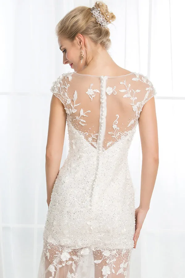 Mermaid Wedding Gown Crew Sweep Train Cap Sleeves Ivory Tulle Beaded Wedding Dress Bridal Gown OHD227