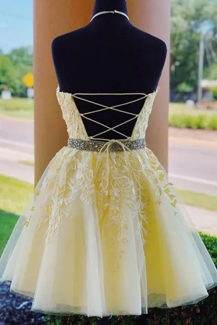 Modest Halter Criss-Cross Back Homecoming Dress with Appliques Beading OHM057