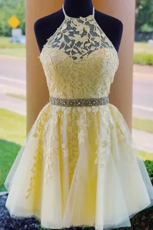 Modest Halter Criss-Cross Back Homecoming Dress with Appliques Beading OHM057