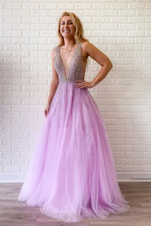 Modest Sexy A-Line Deep V-Neck Sweep Train Sleeveless Beaded Long Tulle Prom Dress OHC305