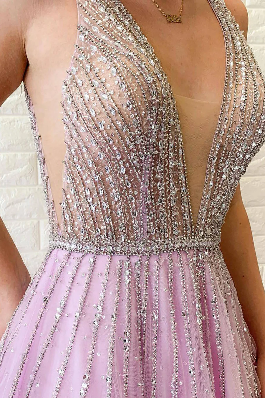Modest Sexy A-Line Deep V-Neck Sweep Train Sleeveless Beaded Long Tulle Prom Dress OHC305