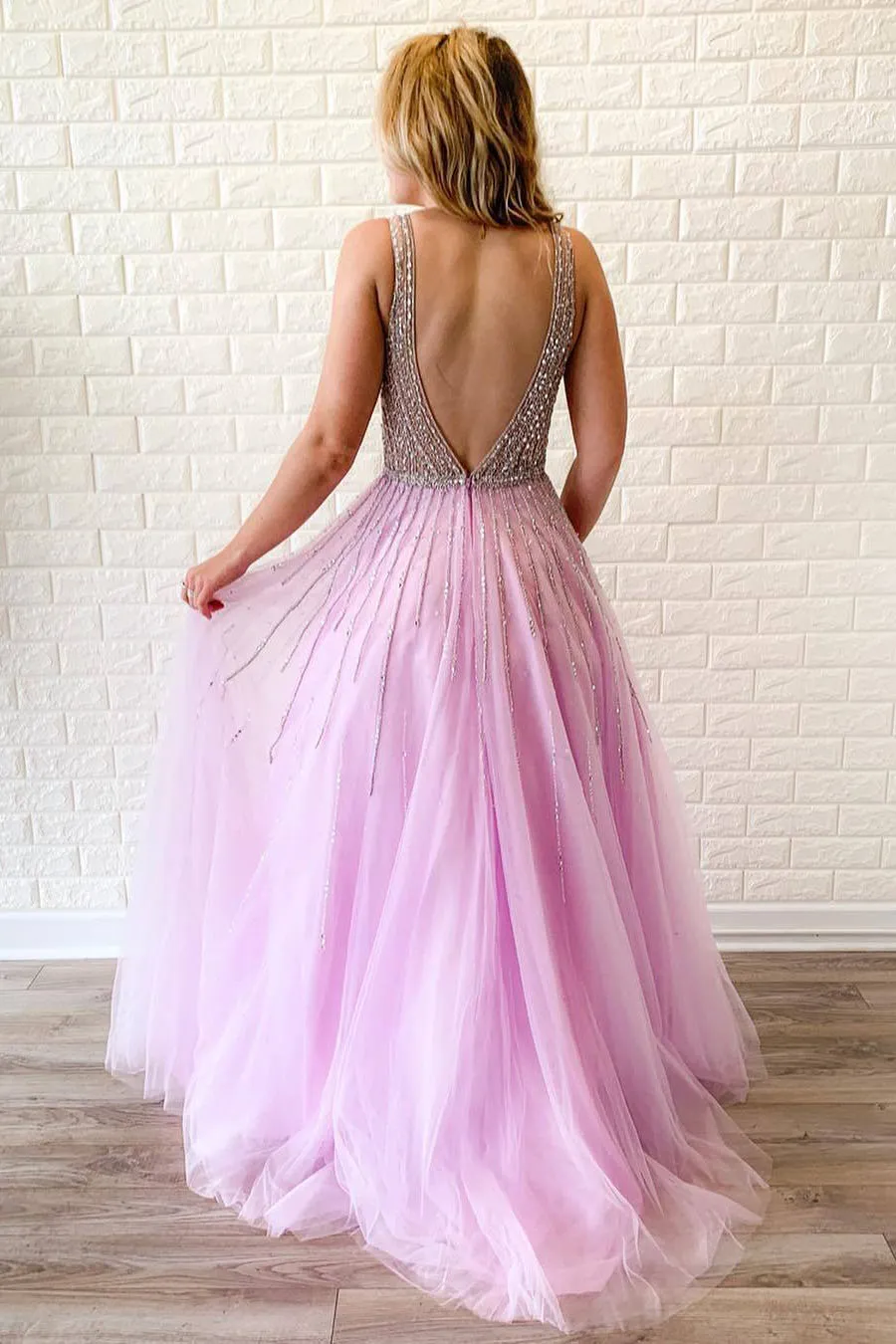 Modest Sexy A-Line Deep V-Neck Sweep Train Sleeveless Beaded Long Tulle Prom Dress OHC305