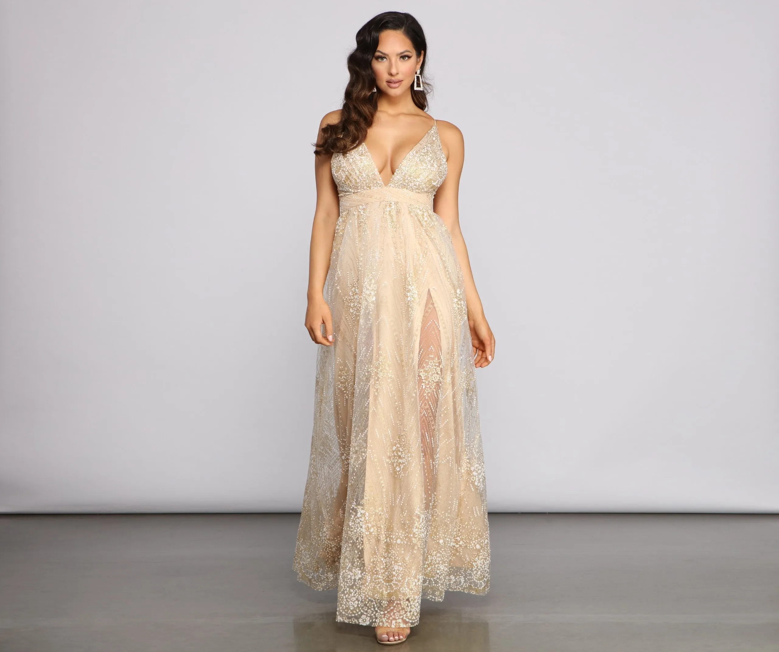 Mona Formal Stylish Plunging Glitter Dress