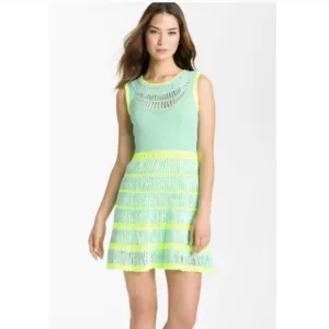 Nanette Lepore Crochet Dress Class Flirt Festival Dress Teal Green Yellow Sz M