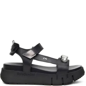 NeroGiardini Black Leather Jewelled Sporty Sandals