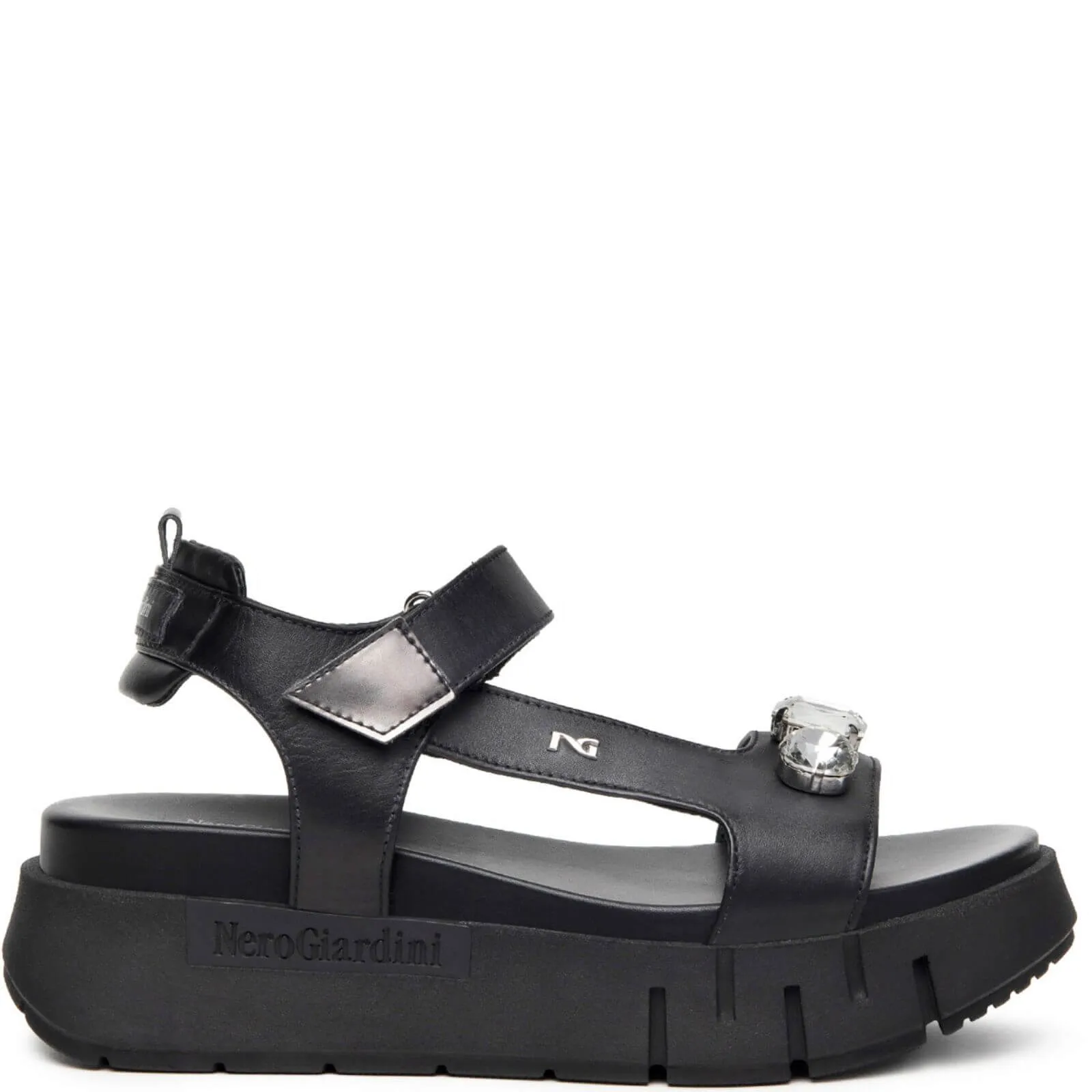 NeroGiardini Black Leather Jewelled Sporty Sandals