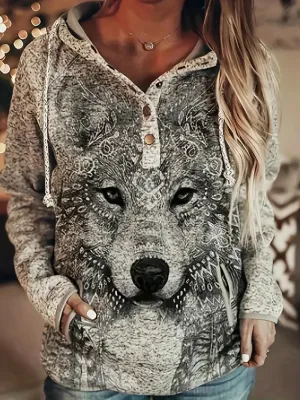 New Wolf Print Button Up Drawstring Hoodie, Casual Long Sleeve Hooded Sweatshirt, Women's Clothing Sz L Fits like a M