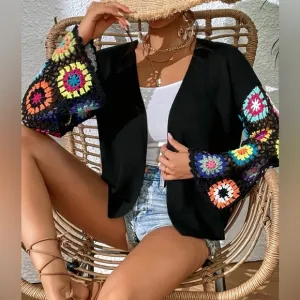 NWOT Colorful Crochet Sleeve Women's Sweater -Size Large