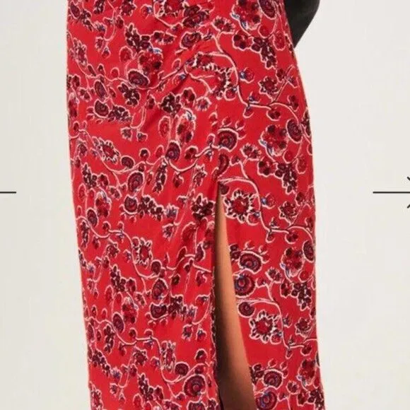 NWT Ba&amp;sh Womens Red Boho Floral Front Slit Side Zip Midi Skirt Sz Large. $245.