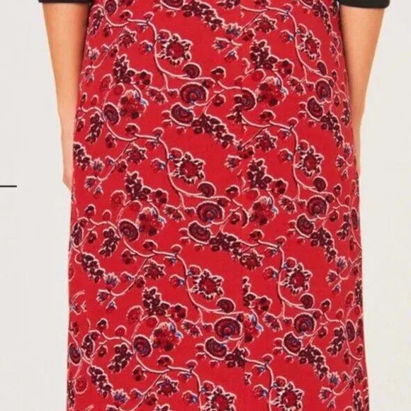 NWT Ba&amp;sh Womens Red Boho Floral Front Slit Side Zip Midi Skirt Sz Large. $245.