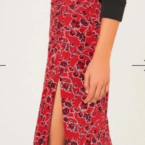 NWT Ba&amp;sh Womens Red Boho Floral Front Slit Side Zip Midi Skirt Sz Large. $245.