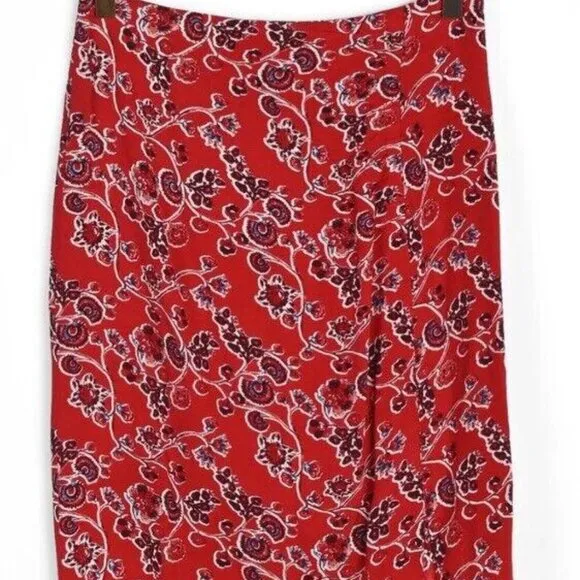 NWT Ba&amp;sh Womens Red Boho Floral Front Slit Side Zip Midi Skirt Sz Large. $245.