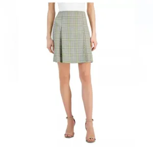 NWT Tahari ASL Women's Pleat-Front Plaid Skirt, size 8, Avocado/Lime,Preppy Fall