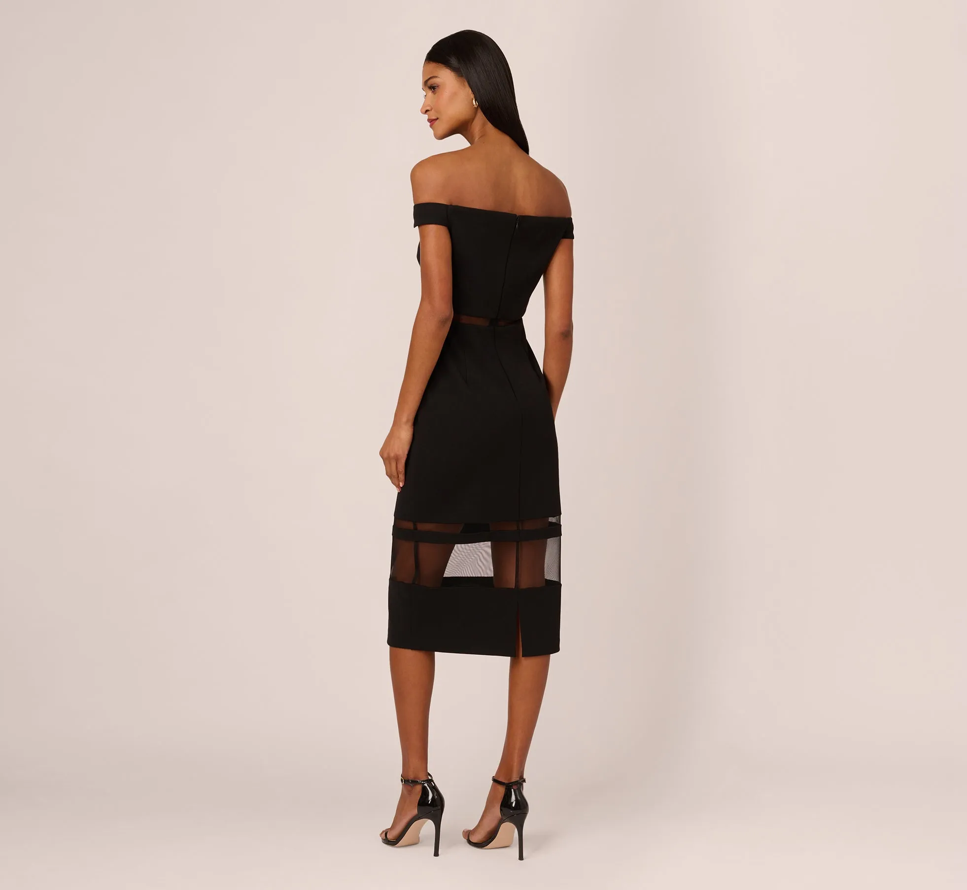 Off The Shoulder Sheath Dress With Sheer Panel Details In Black