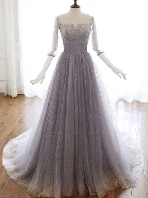 Off the Shoulder Unique Tulle A Line Prom Dress with Sleeves Chic Beaded Prom Evening Dress CTB1614