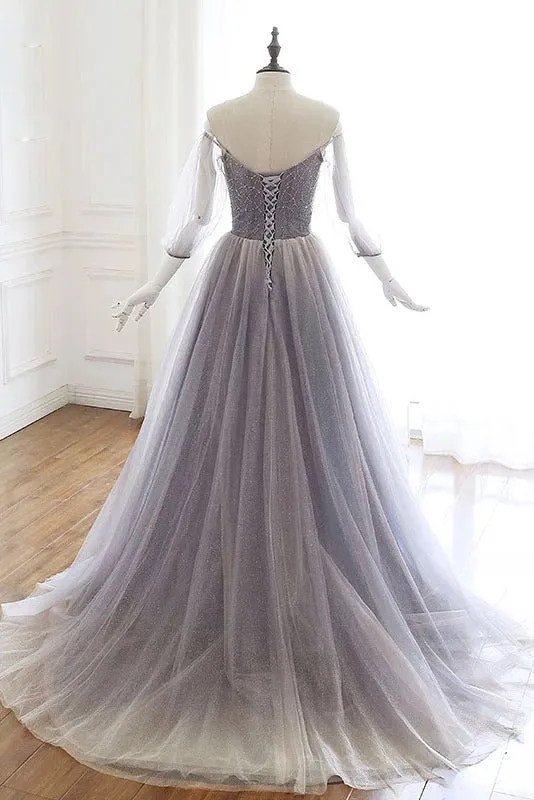 Off the Shoulder Unique Tulle A Line Prom Dress with Sleeves Chic Beaded Prom Evening Dress CTB1614